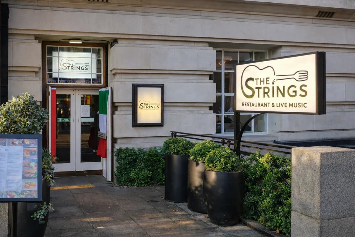 The Strings Restaurant illuminated exterior sign by CVB Technical Solutions