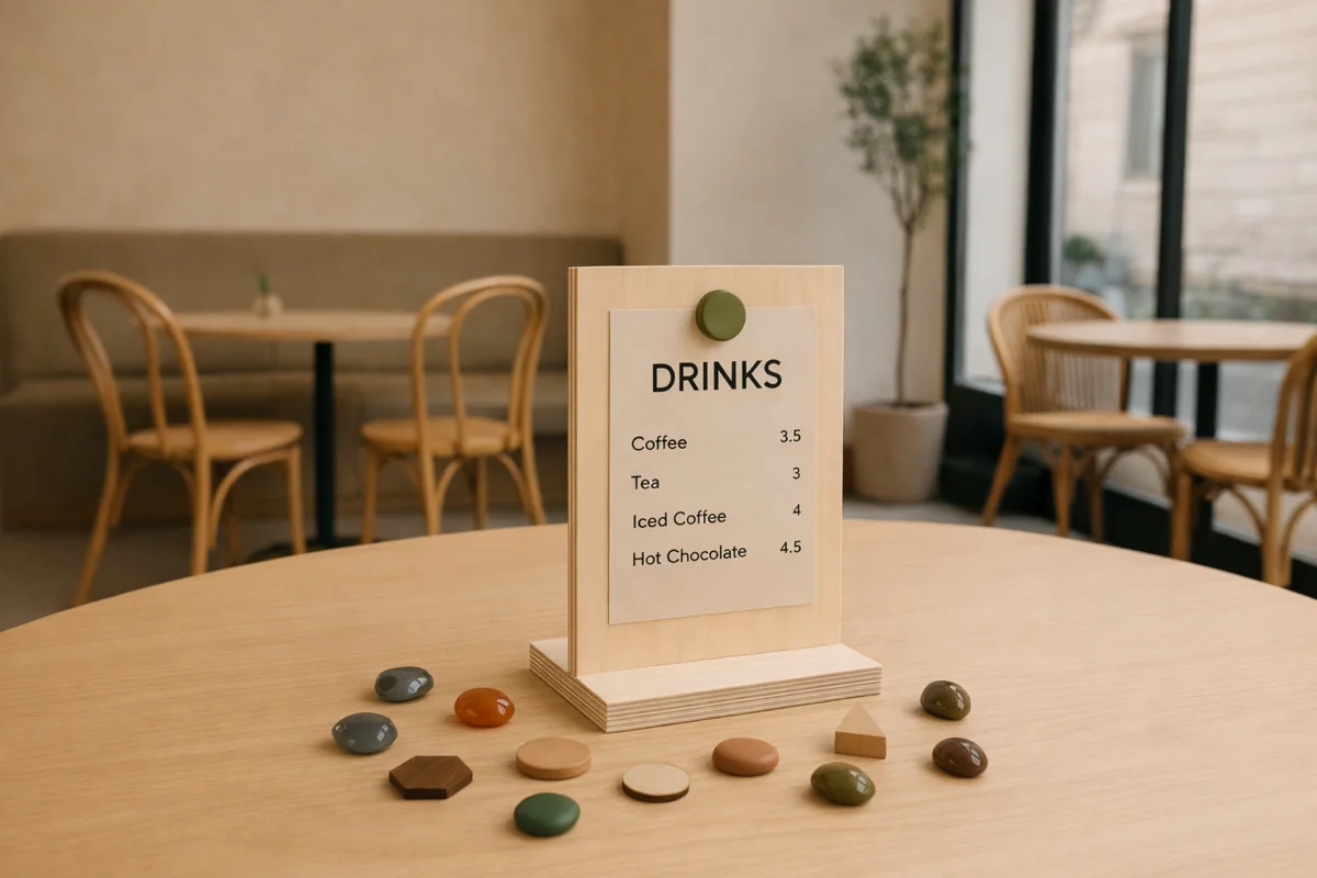 Countertop wooden display stands with magnetic menu holders by CVB Technical Solutions
